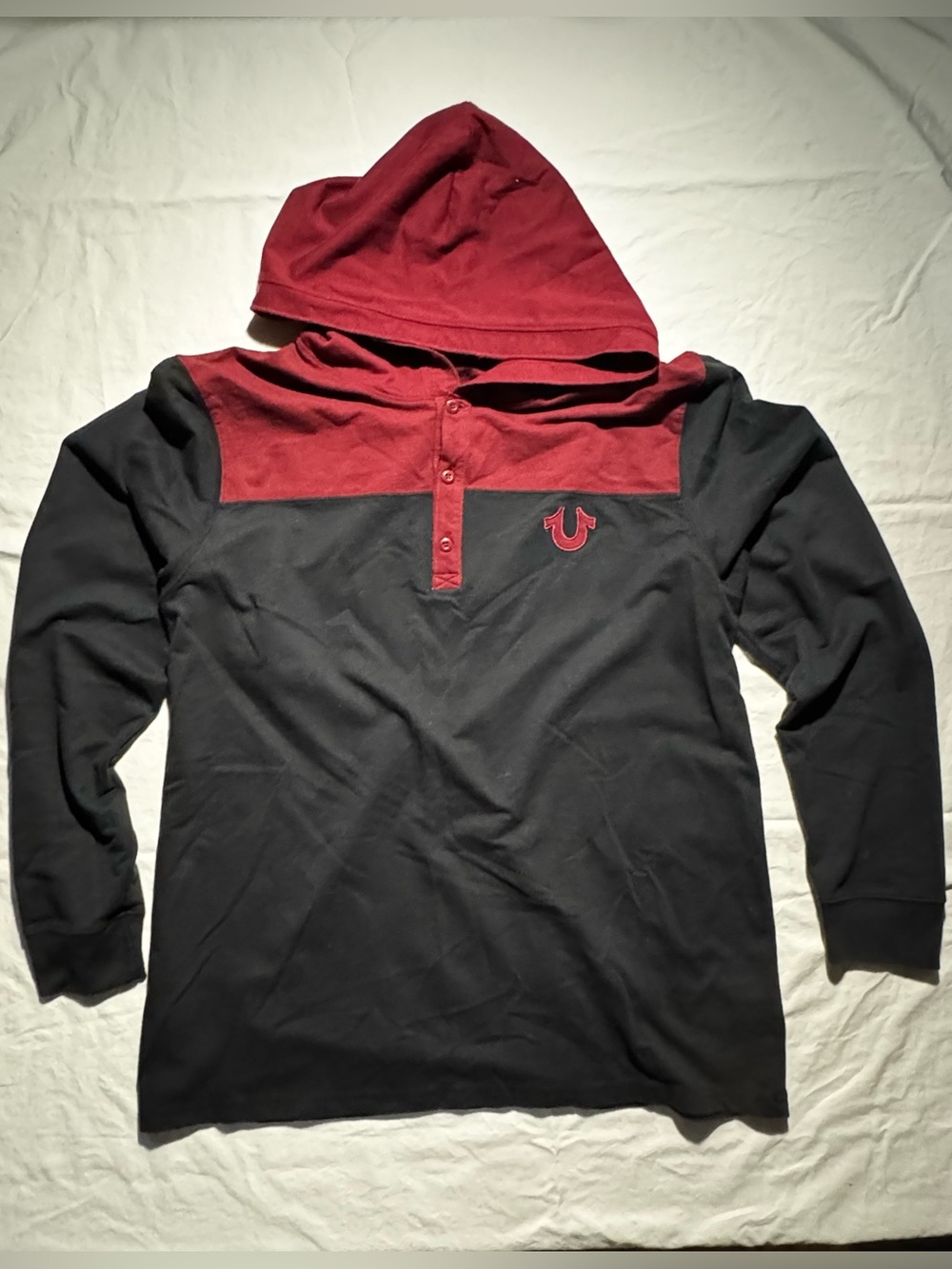 True Religion Hoodie Black & Burgundy Pullover Henley Casual Shirt Men’s Size XL